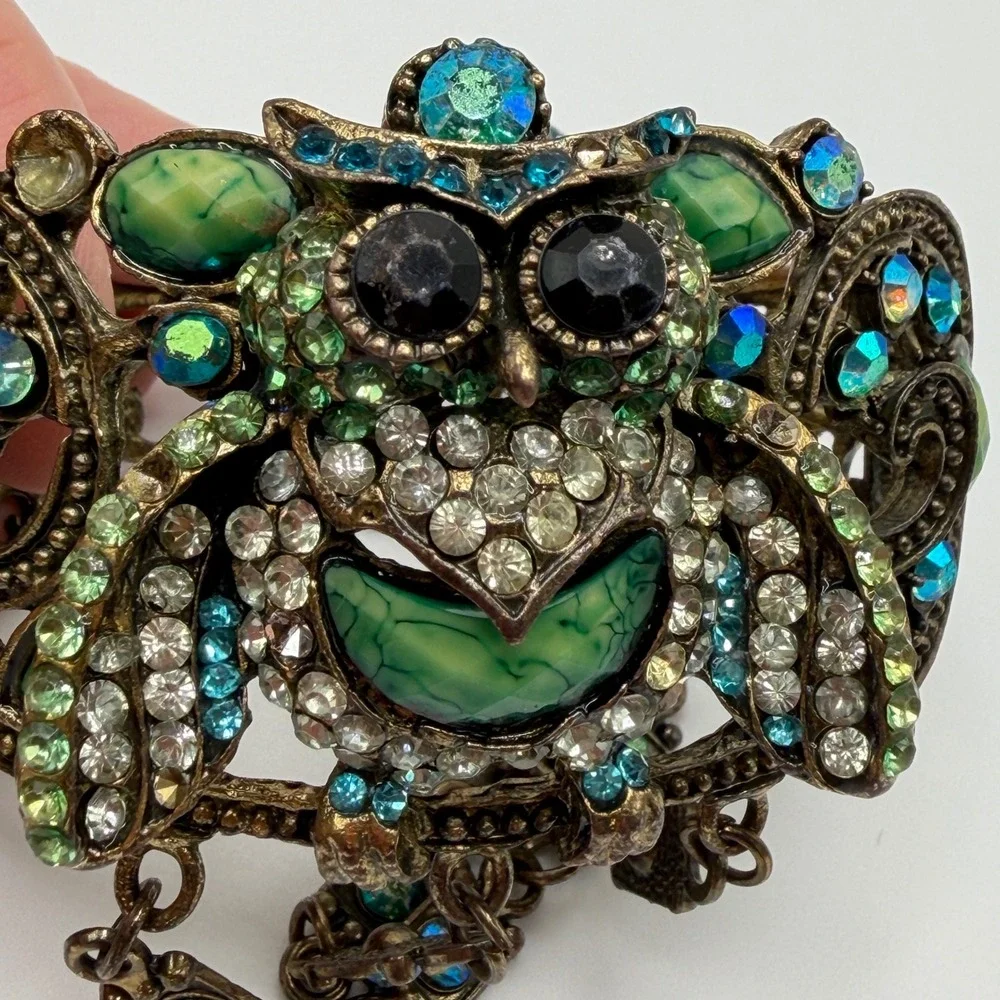 Vintage Style Owl Slave Bracelet Hand Flower Ring Set Green Blue Rhinestone Cuff